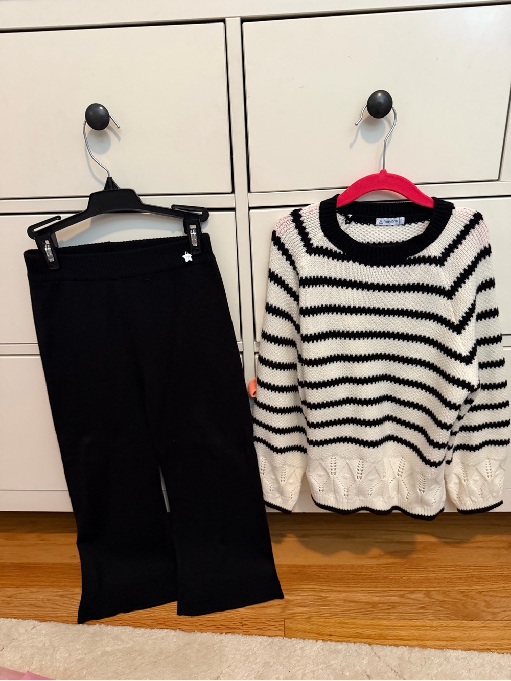 Mayoral Black and White Striped Knit Top with Black Pants Matching Set